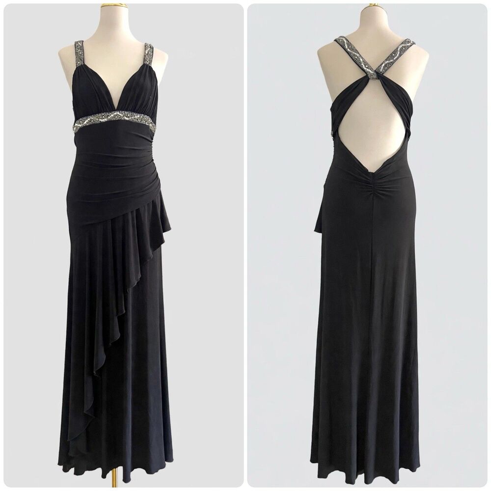 VTG Jodi Kristopher Y2K Black Beaded Asymmetrical Whimsygoth Maxi Dress Womens L